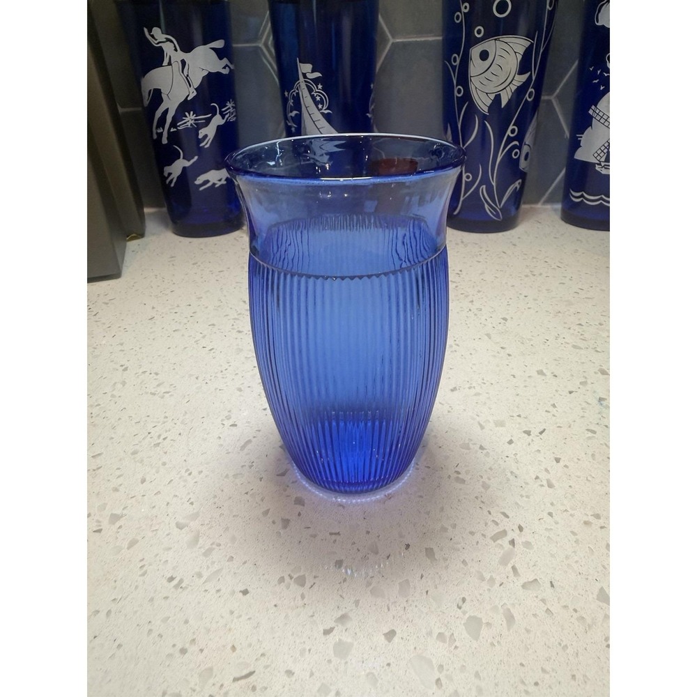 Hazel Atlas Fine Rib Cobalt Blue 4" Tumbler Mid Century Depression Glass